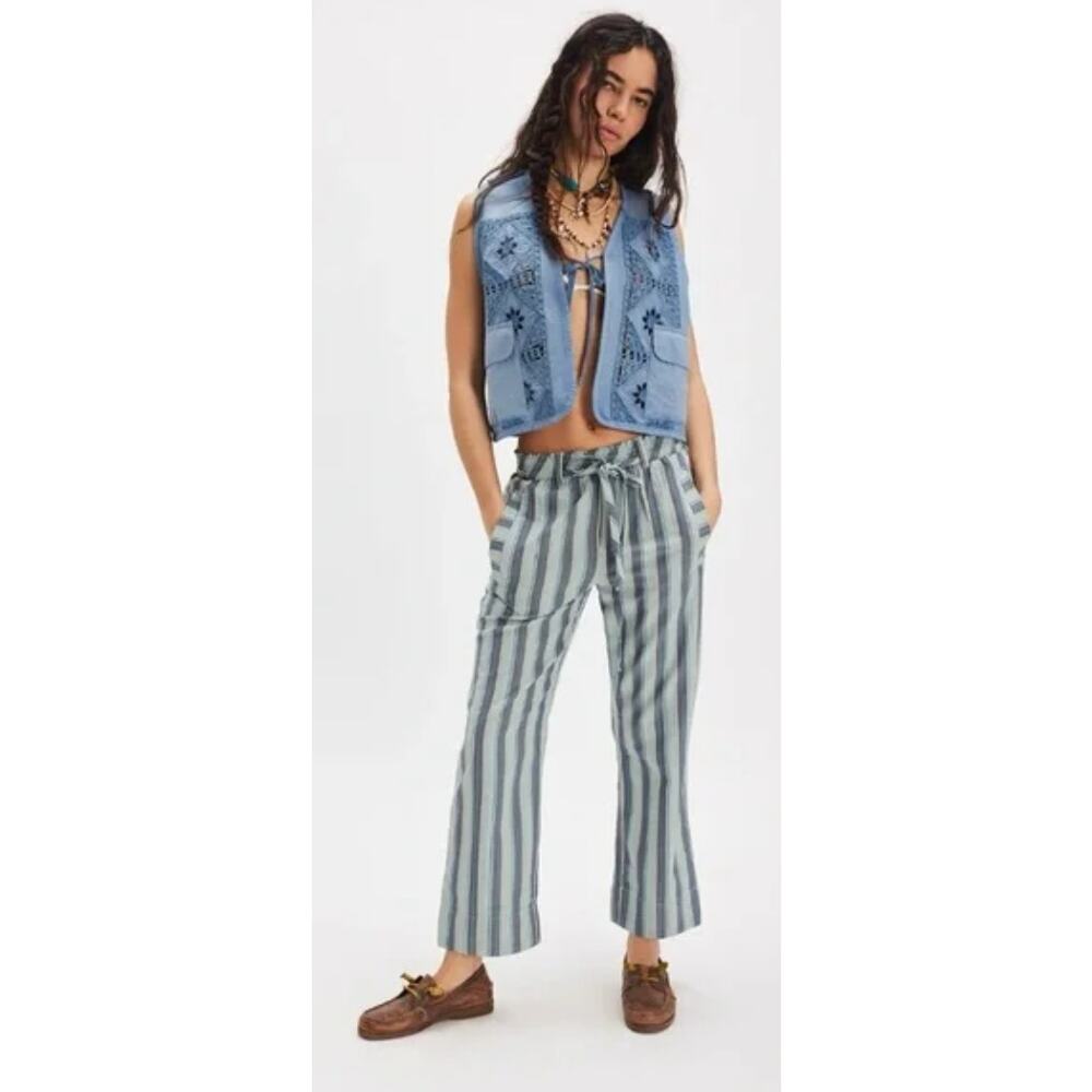 Free People Marielle Pull-On Pants Women L Blue NWOT Striped Cotton OB2113038